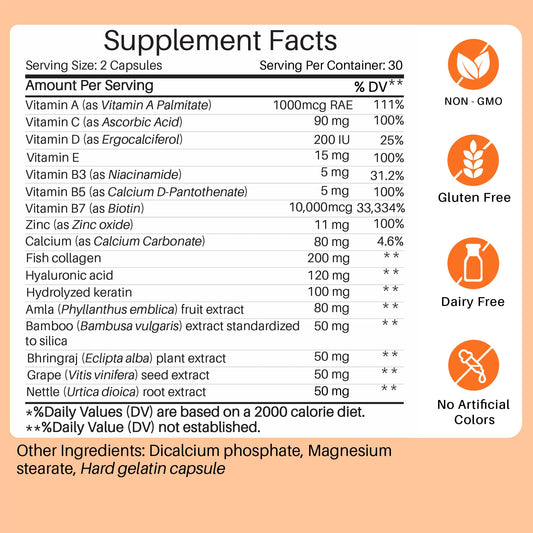 Close-up of Biotin, Collagen, Keratin & Hyaluronic Acid ingredients