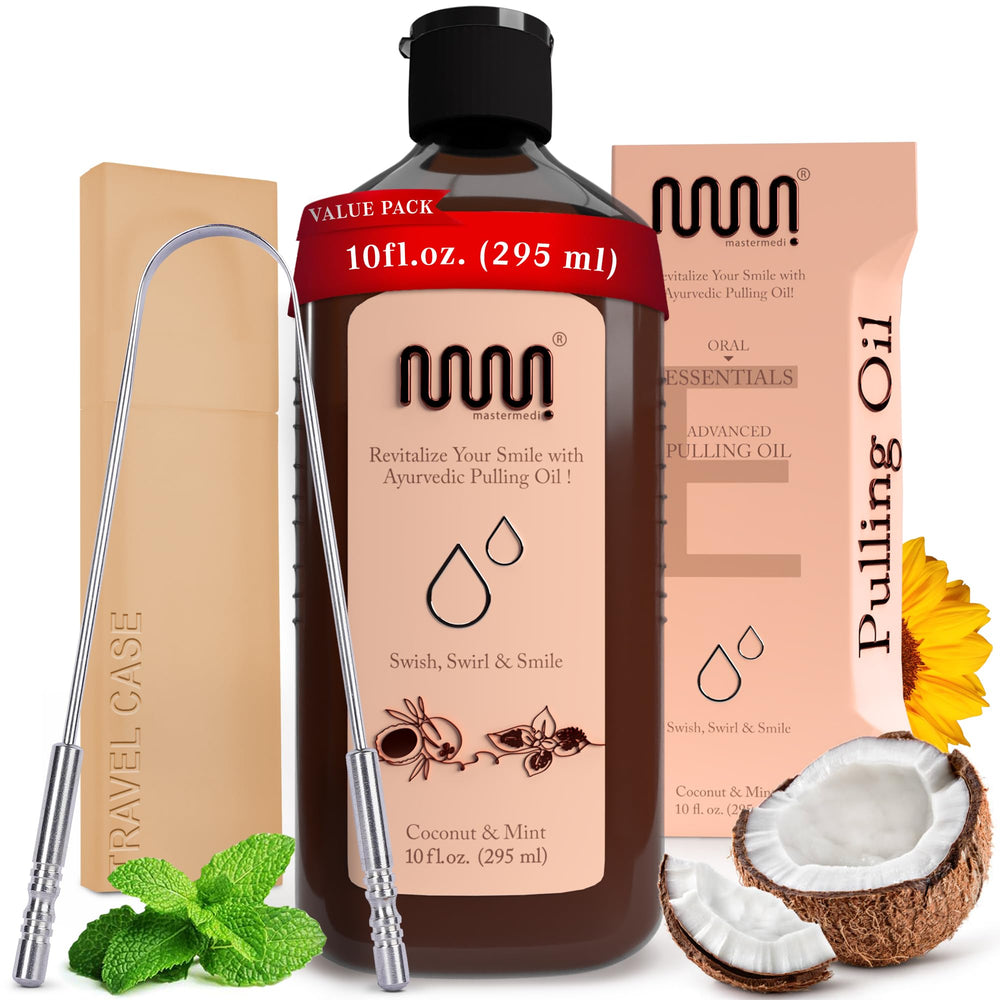 Front view of MasterMedi Coconut Oil Pulling Mouthwash bottle with Peppermint flavor.