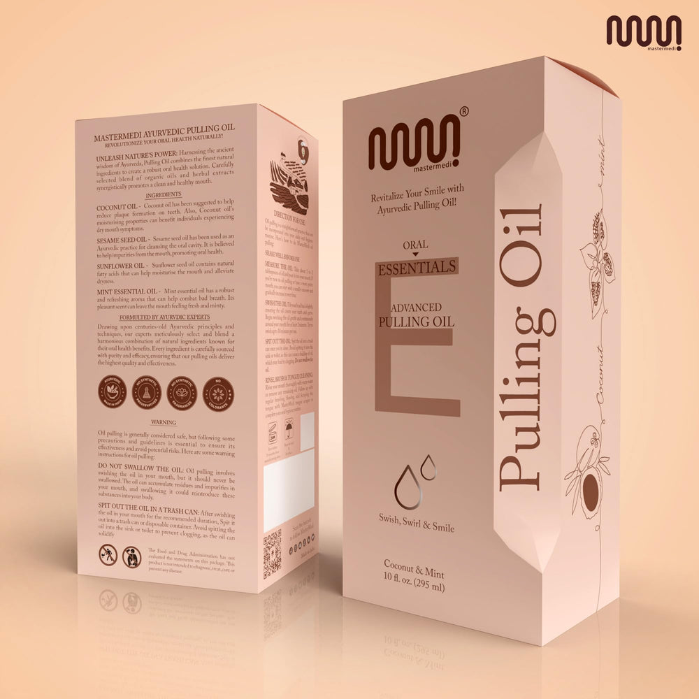 Brand packaging and design of MasterMedi Oil Pulling Mouthwash.