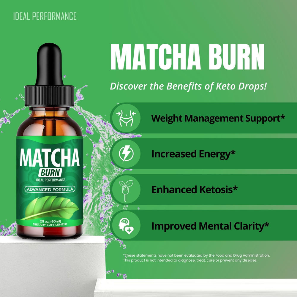 Close-up of Matcha Burn Drops bottle label – official