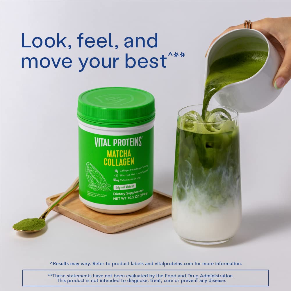 Pouring Matcha Collagen Peptides into a smoothie