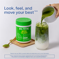 Pouring Matcha Collagen Peptides into a smoothie