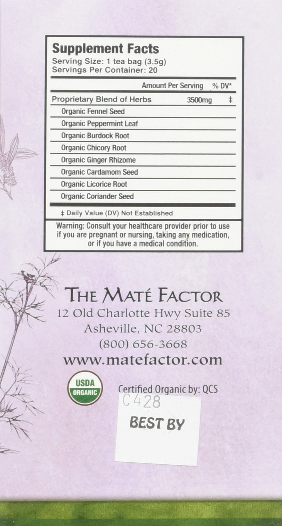 Close-up of herbal blends and tea bags for Mate Factor Digestive Tea