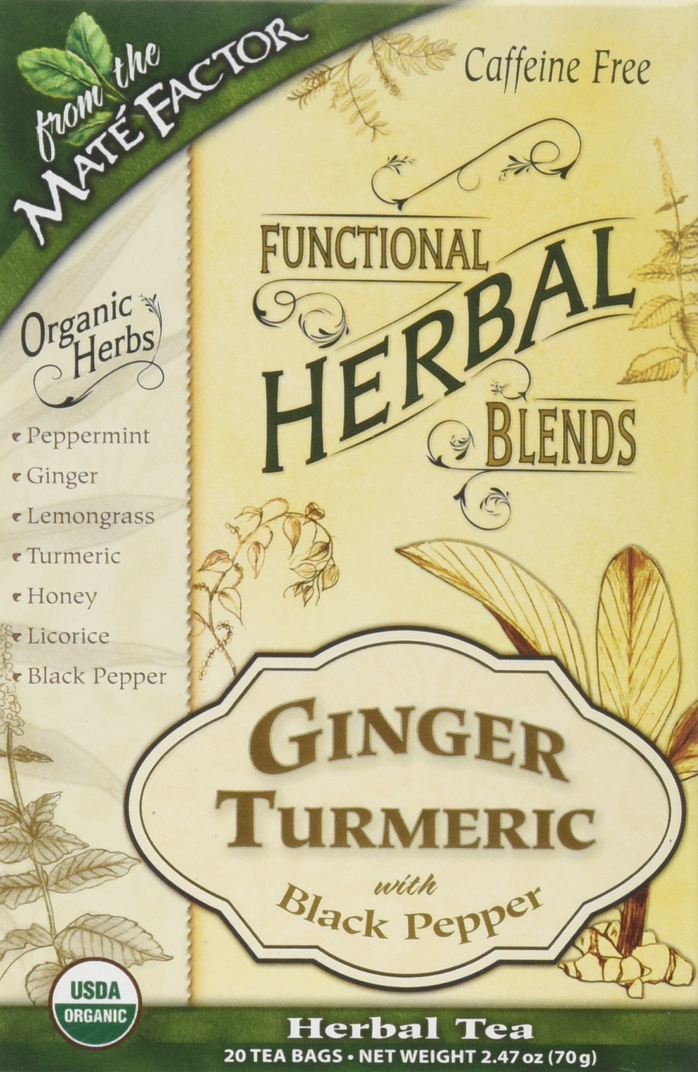 Mate Factor Ginger Turmeric with Black Pepper tea bags – 20-count box