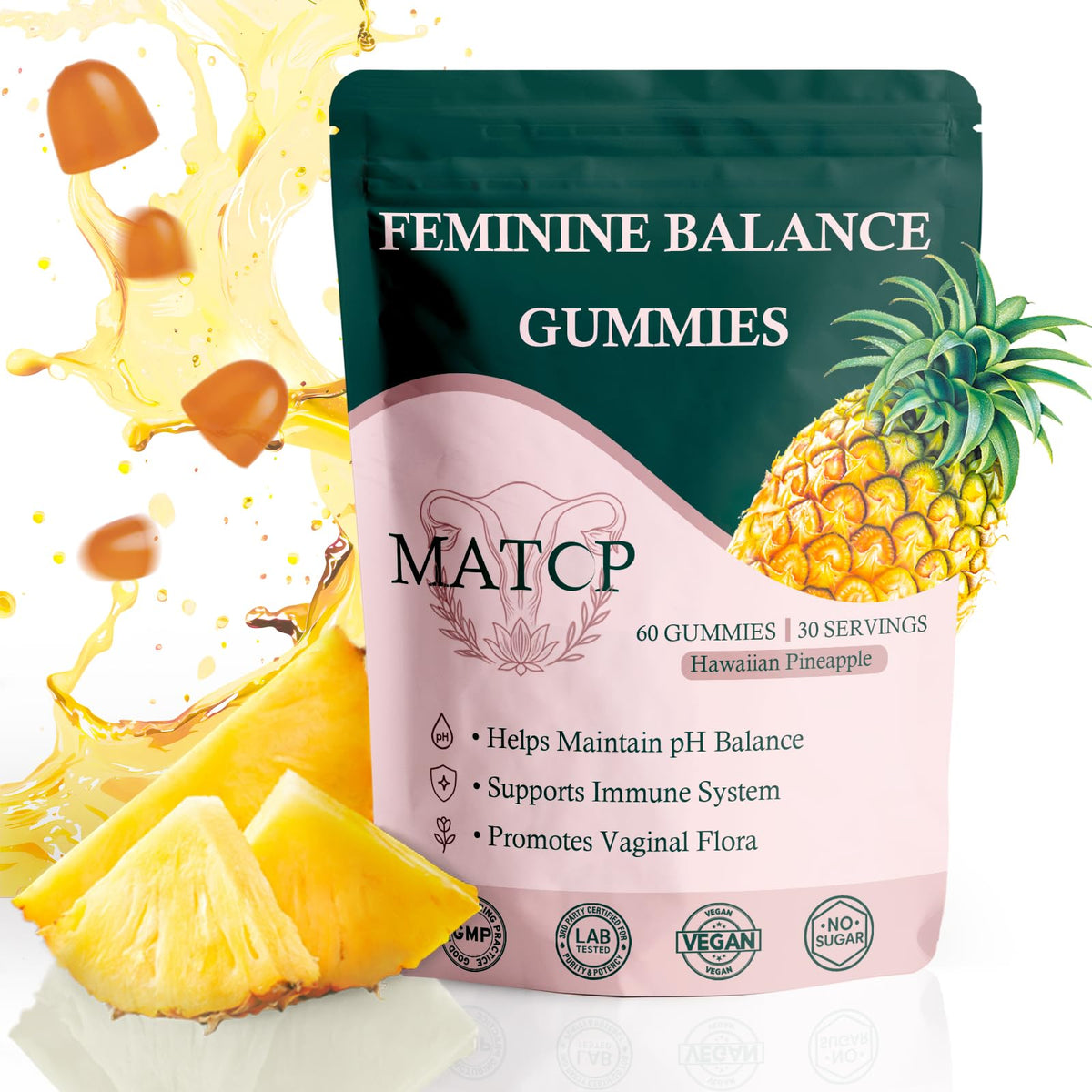 Front label of MATOP Premium Feminine Balance Gummies bottle