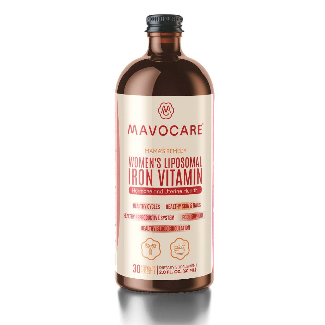 MavoCare daily liposomal iron + beetroot liquid vitamin bottle on white background