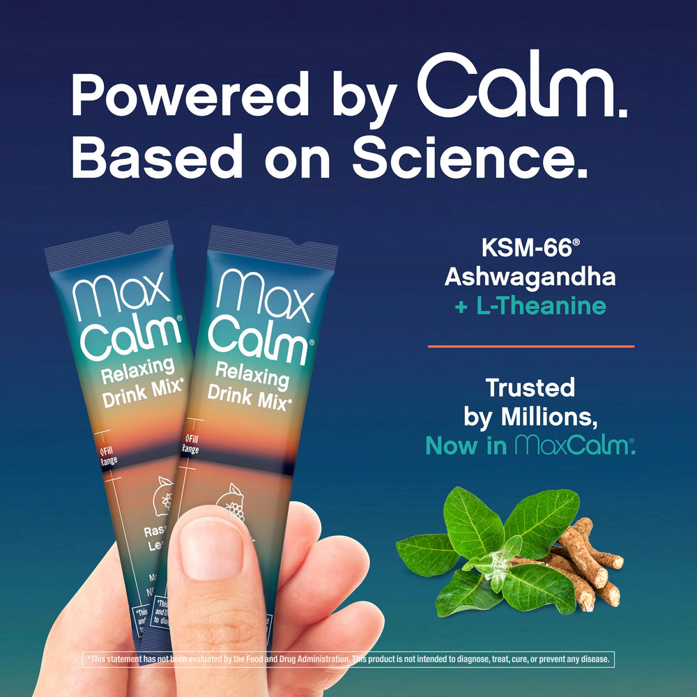 Max Calm stick pack dissolving in water showing raspberry-lemonade color
