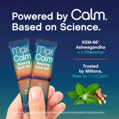 Max Calm stick pack dissolving in water showing raspberry-lemonade color
