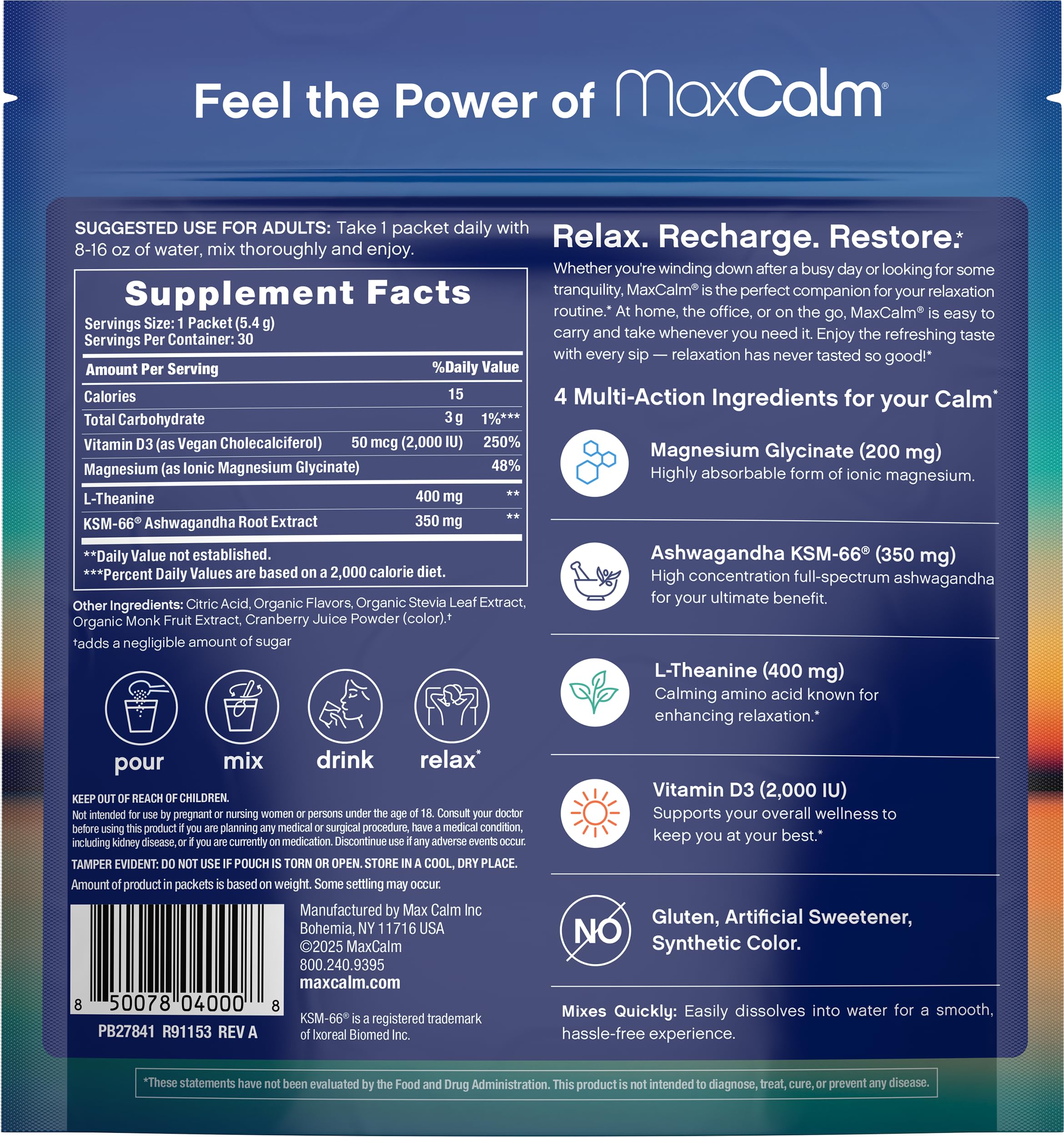 Close-up of Max Calm ingredients and nutrition panel