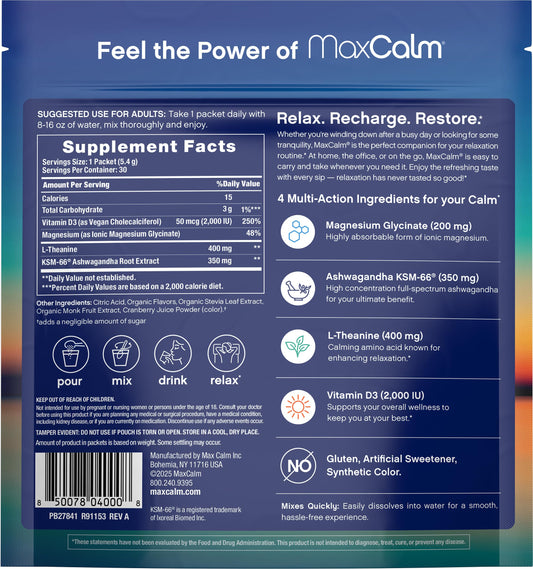 Close-up of Max Calm ingredients and nutrition panel