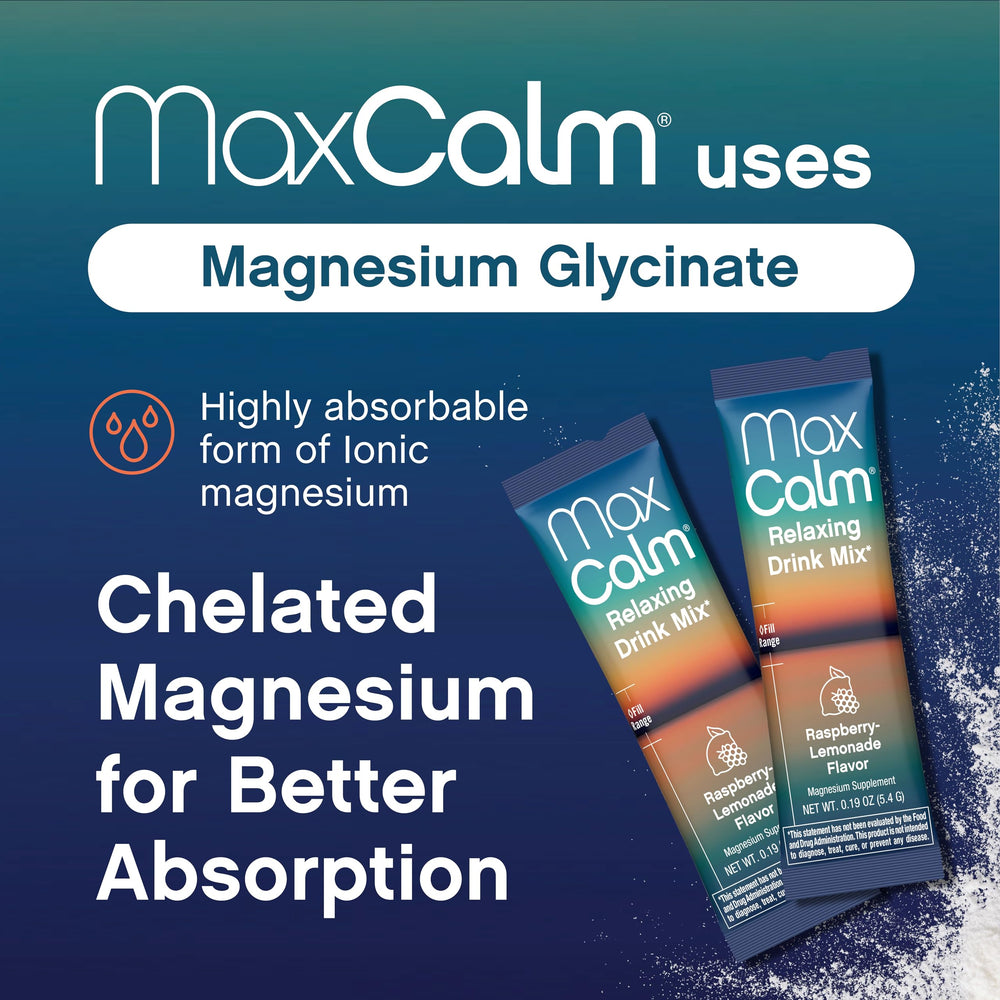 Transparent, lab-tested Max Calm label with non-GMO and gluten-free badges