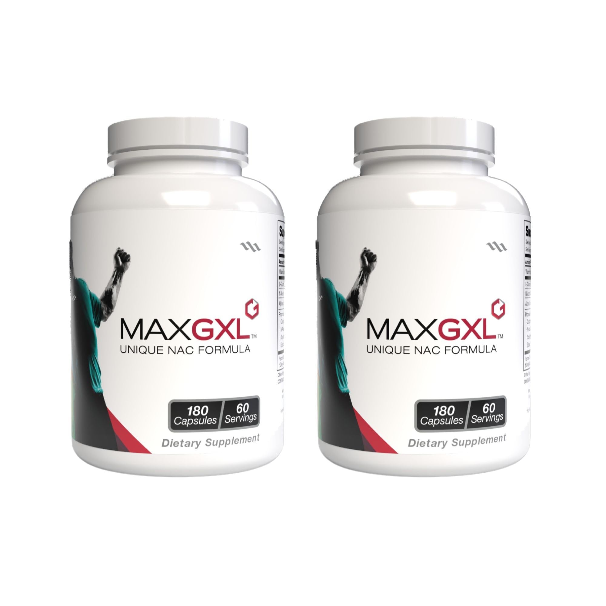 Max GXL NAC formula bottle label with 180 veggie capsules
