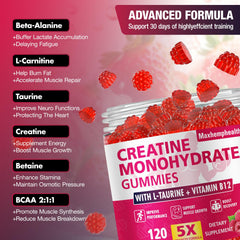 Back label of Maxhemphealth Creatine Monohydrate Gummies Raspberry bottle
