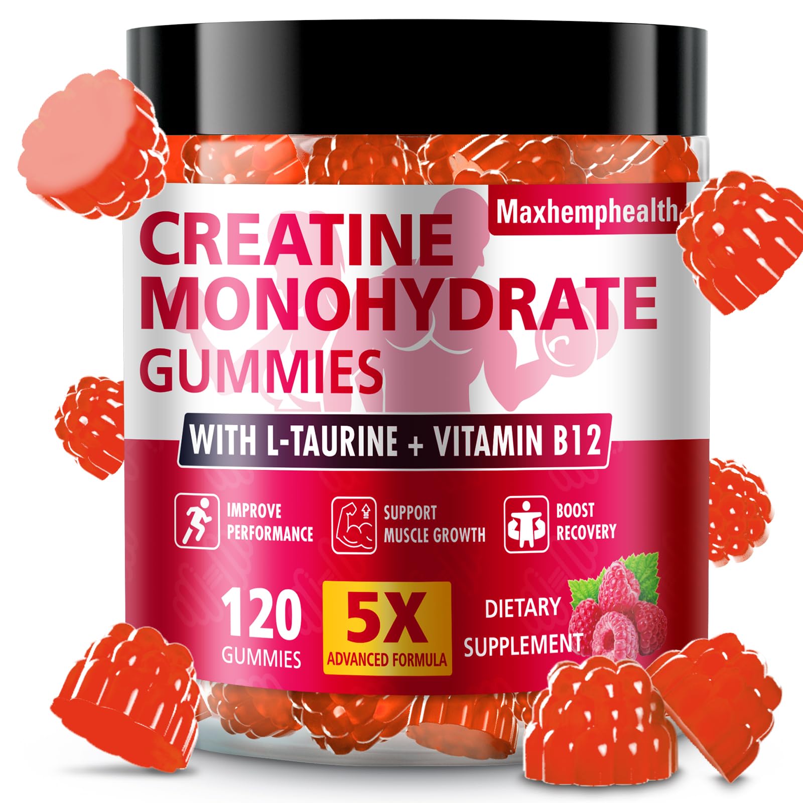 Front view of Maxhemphealth Creatine Monohydrate Gummies Raspberry bottle