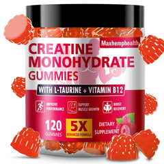Front view of Maxhemphealth Creatine Monohydrate Gummies Raspberry bottle