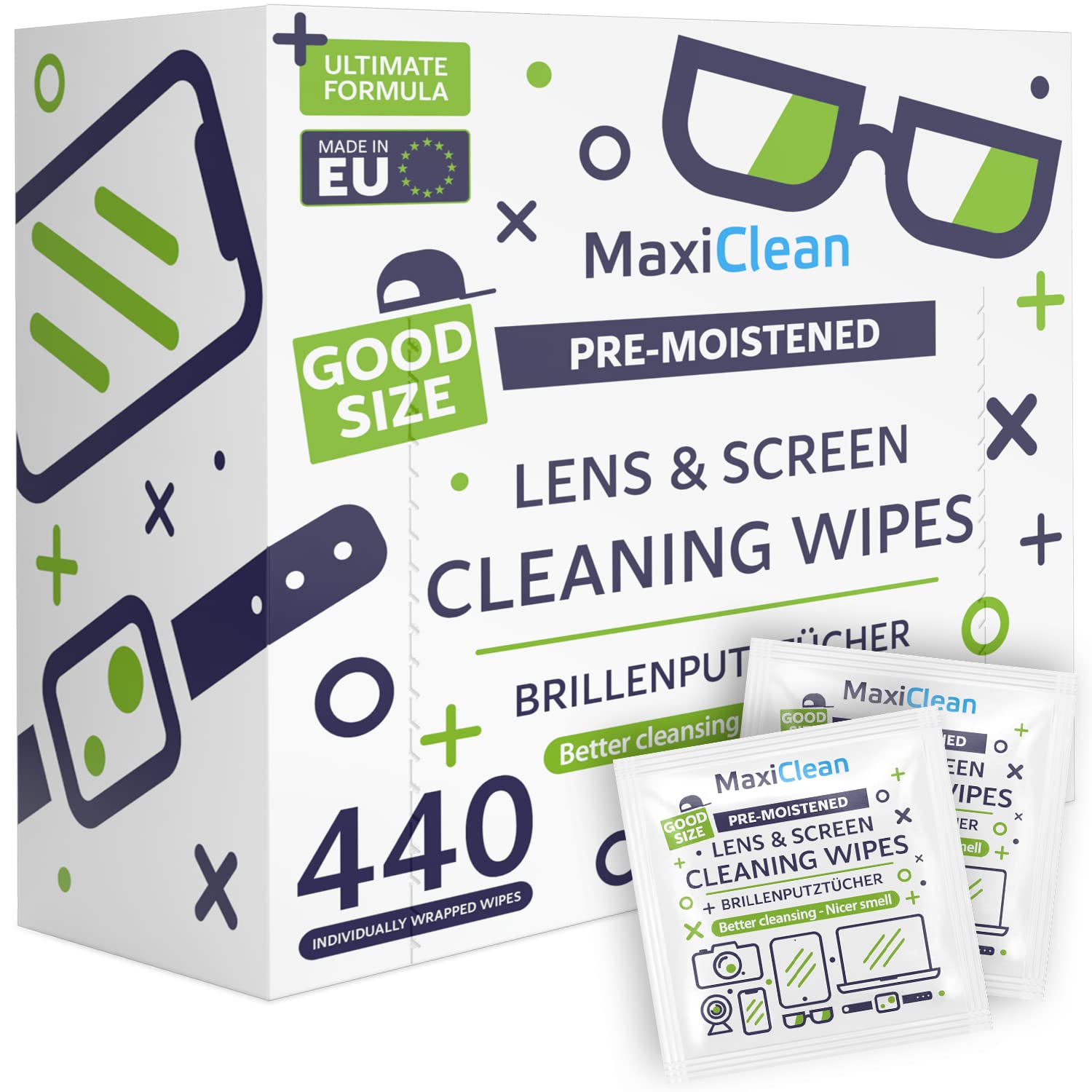 MAXI CLEAN 440 pack lens wipes – individually wrapped pre-moistened cleaning wipes for eyeglasses