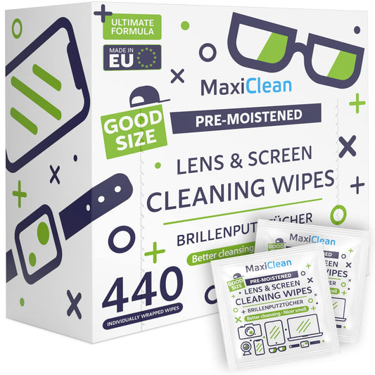MAXI CLEAN 440 pack lens wipes – individually wrapped pre-moistened cleaning wipes for eyeglasses