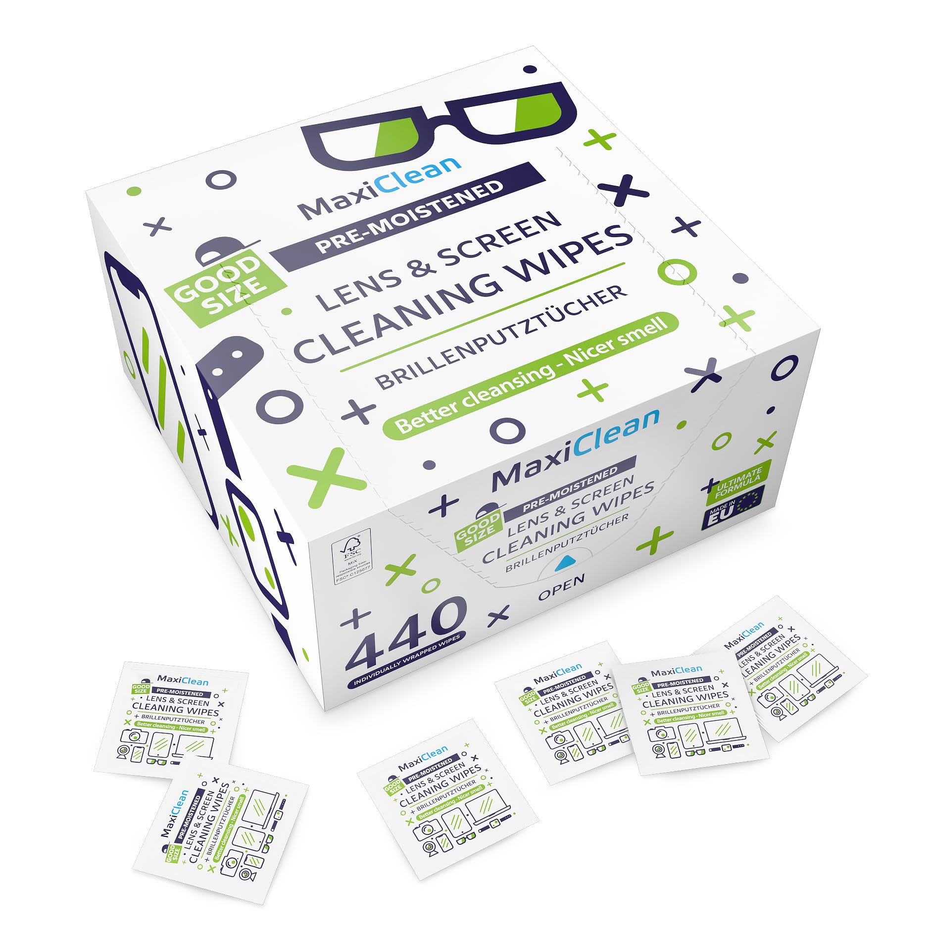 Bagged pack of MAXI CLEAN lens wipes with branding on package