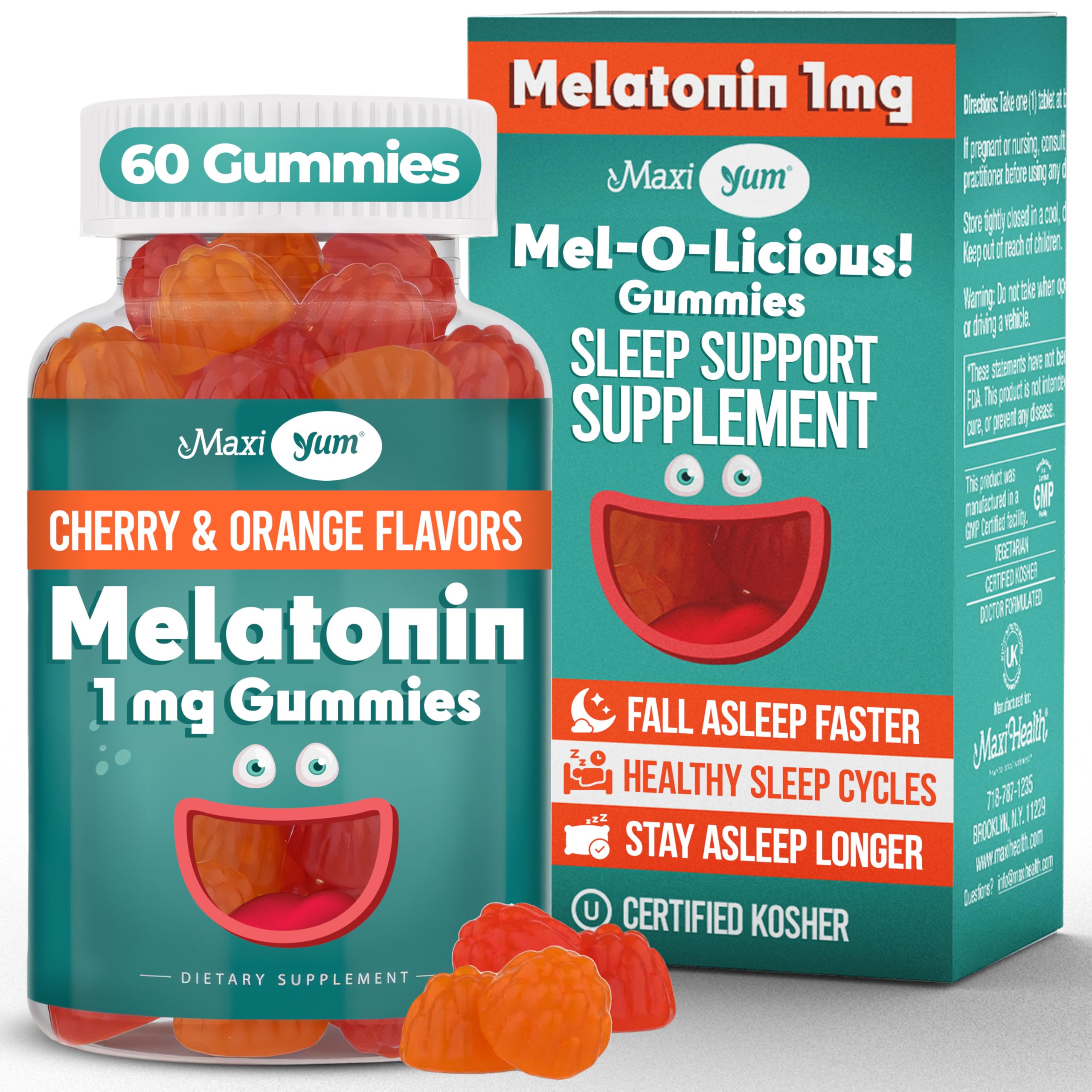 Front label of Maxi Health 1mg Melatonin Gummies with Cherry & Orange flavor