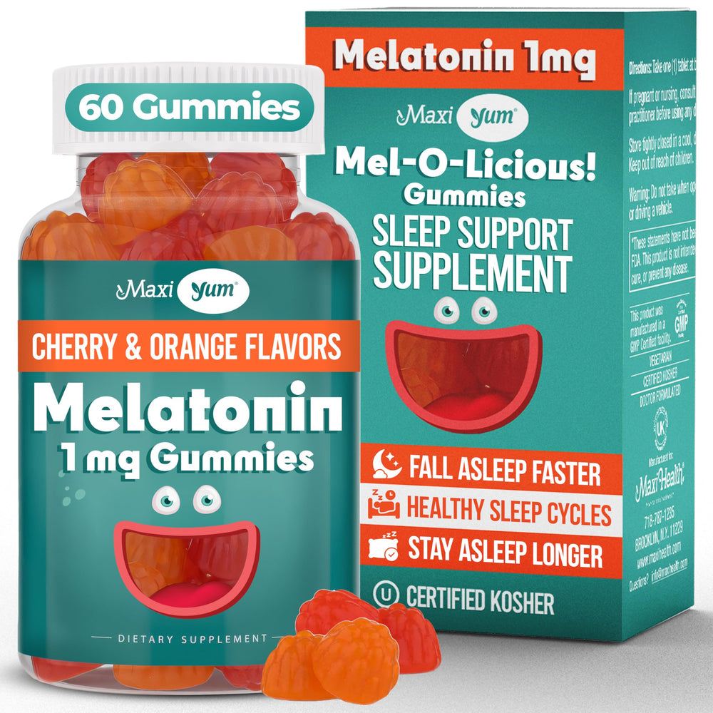 Front label of Maxi Health 1mg Melatonin Gummies with Cherry & Orange flavor