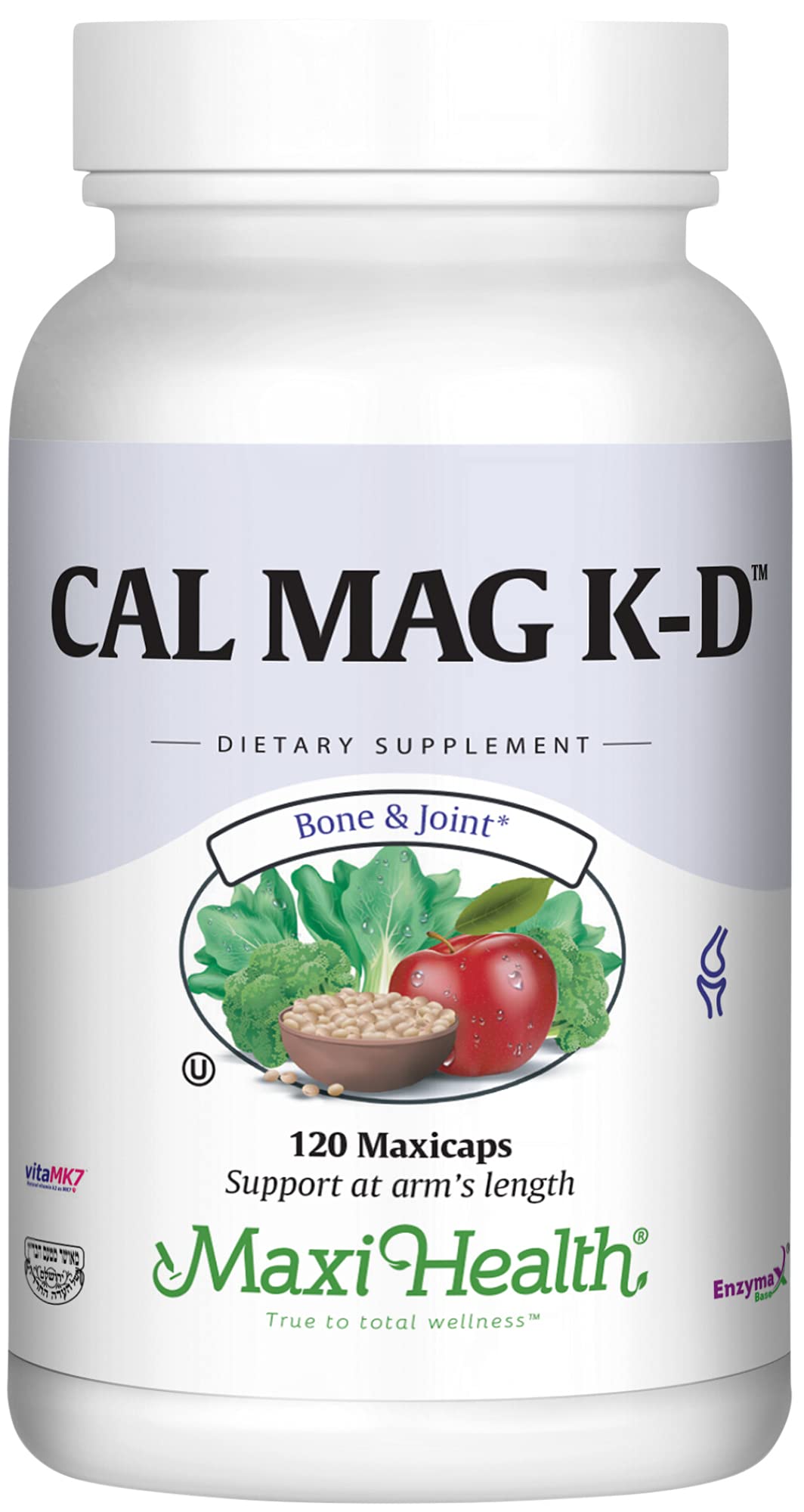 Front view of Maxi Health Calcium Magnesium Vitamin D3 K2 120 capsules bottle