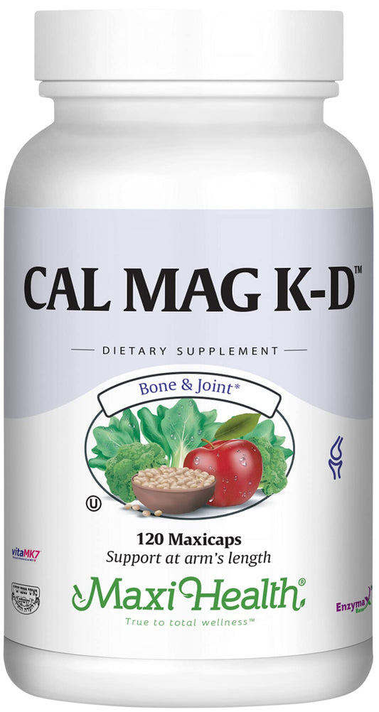 Front view of Maxi Health Calcium Magnesium Vitamin D3 K2 120 capsules bottle