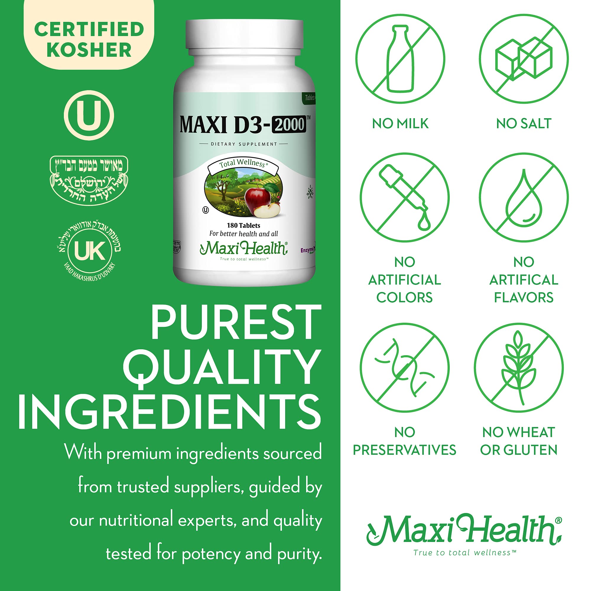 Supplement facts panel for Maxi Health Vitamin D3 2000IU