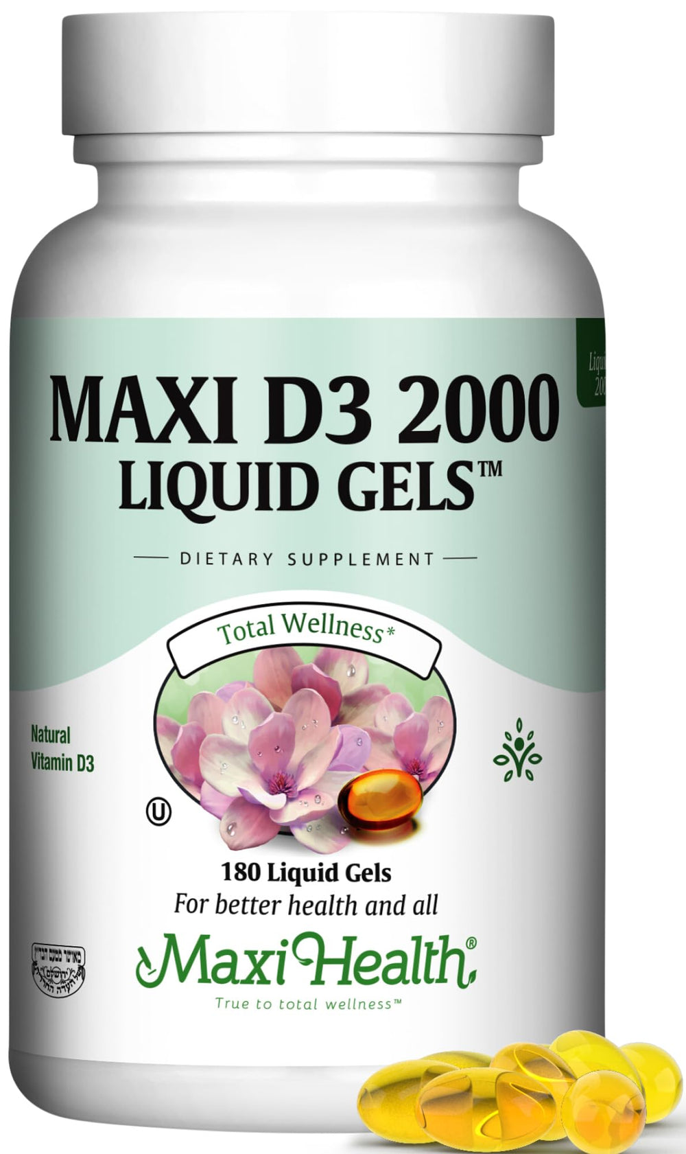Front view of Maxi Health Kosher Vitamin D3 2000IU bottle with 180 liquid gels