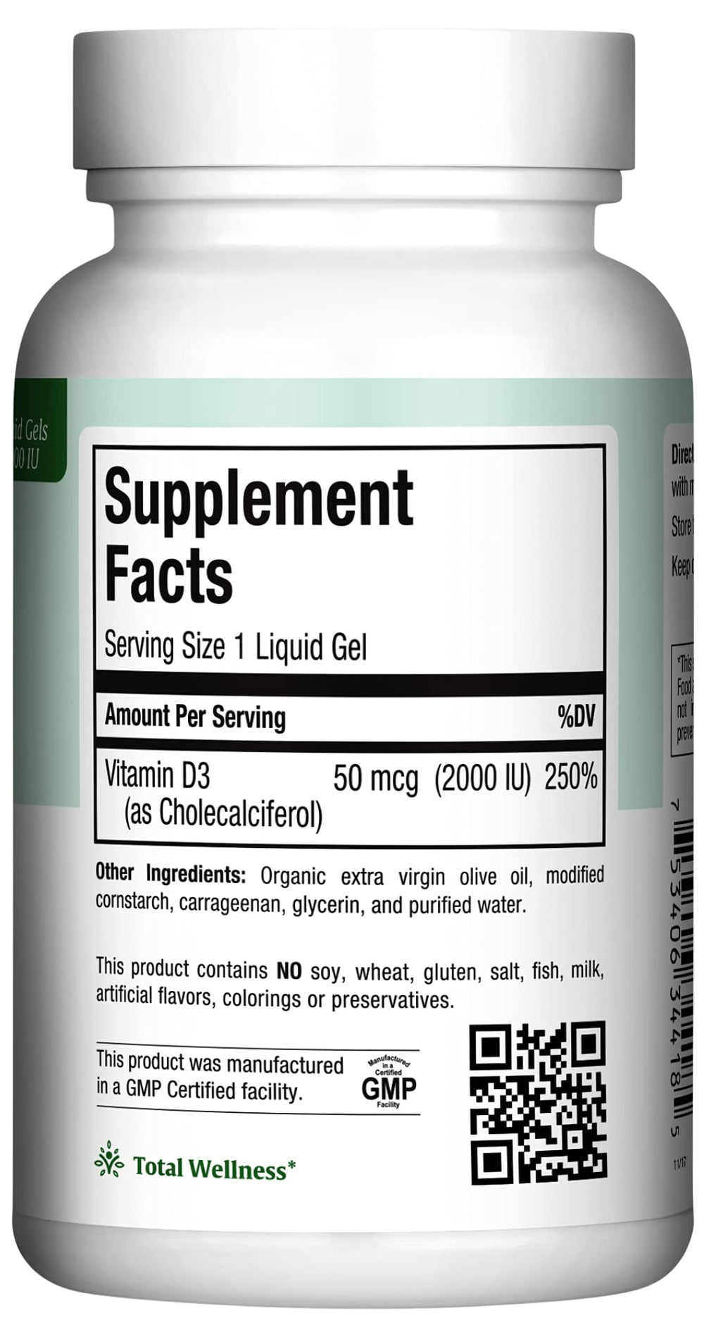 Close-up of Vitamin D3 2000IU label on the bottle