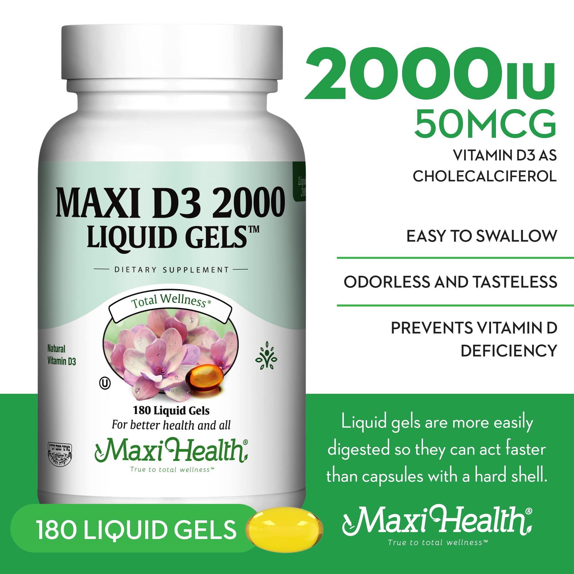 Bottle of 180 Vitamin D3 liquid gels on white background