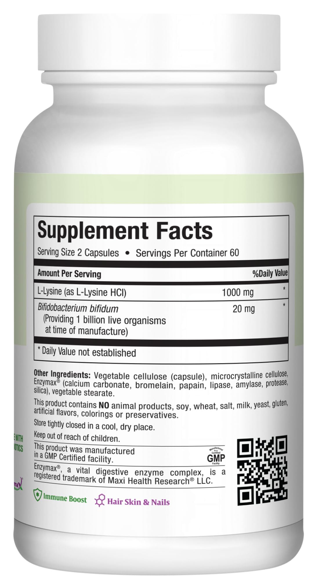 Product label showing 60 capsules and 1000 mg L-Lysine