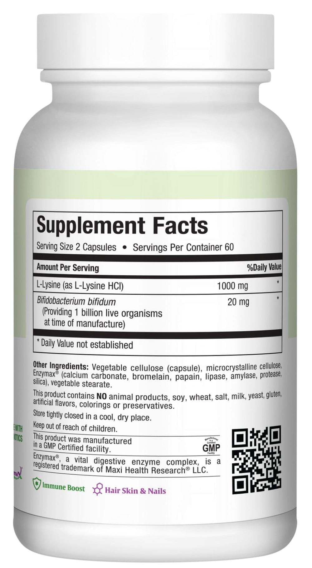 Product label showing 60 capsules and 1000 mg L-Lysine