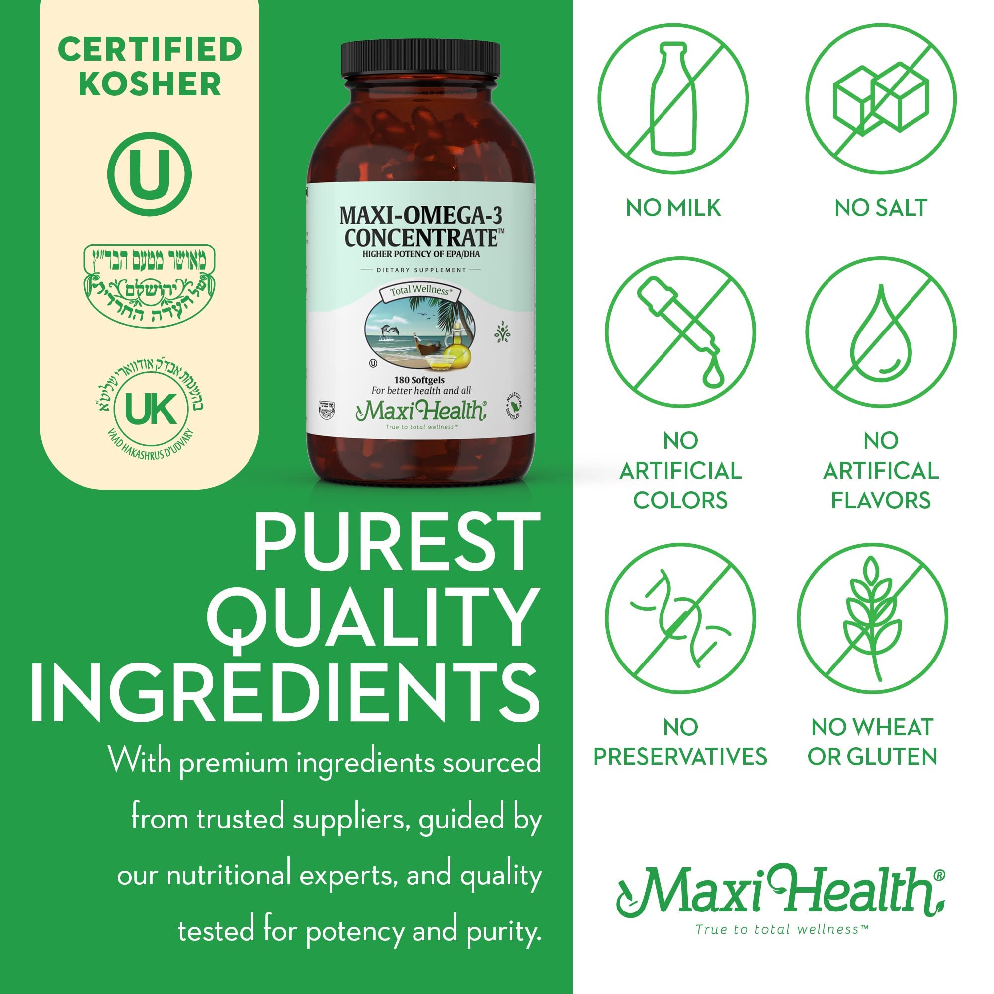 Maxi Health Omega-3 bottle on kitchen shelf for joint comfort and wellness.