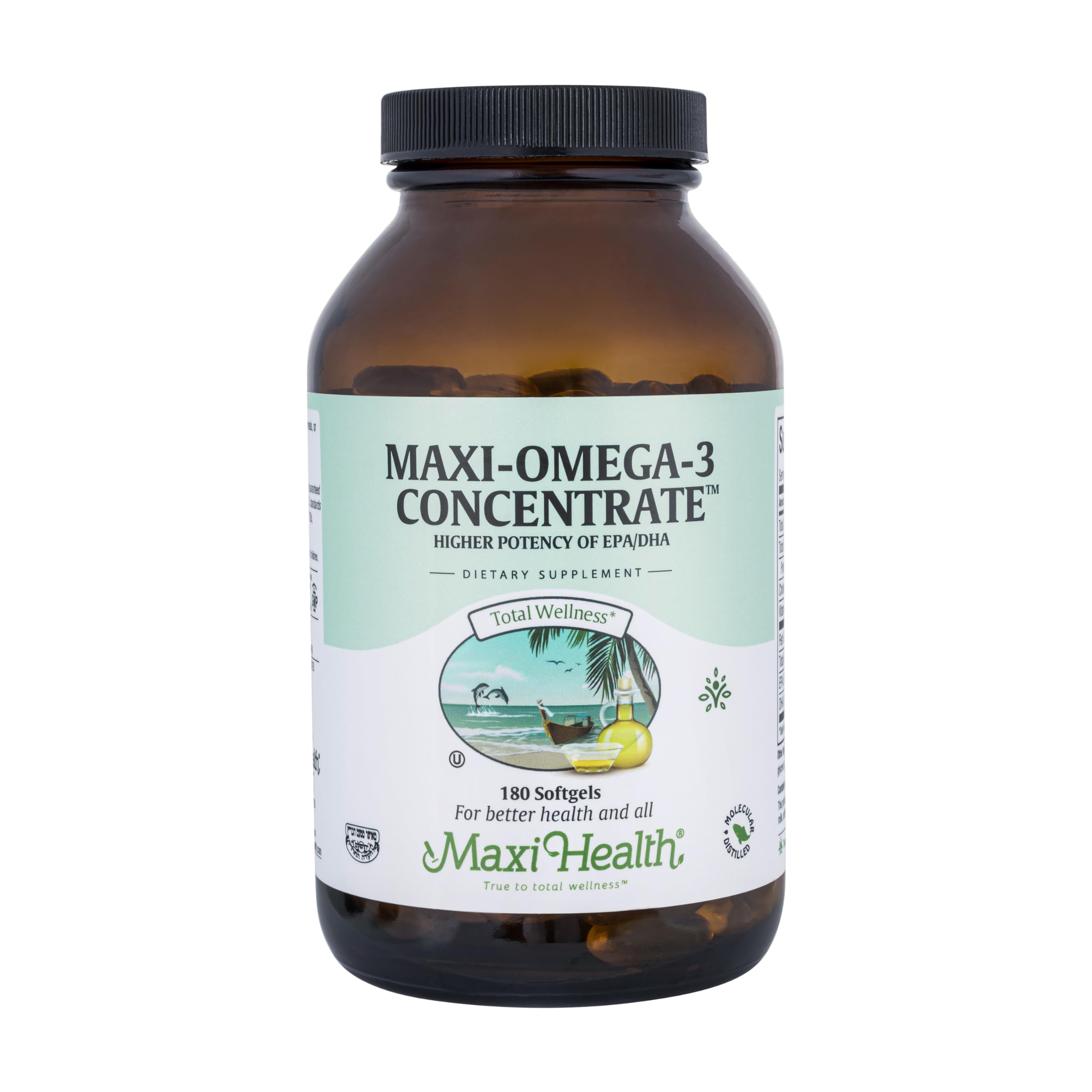 Maxi Health Omega-3 triple strength softgels bottle for daily heart and brain support.