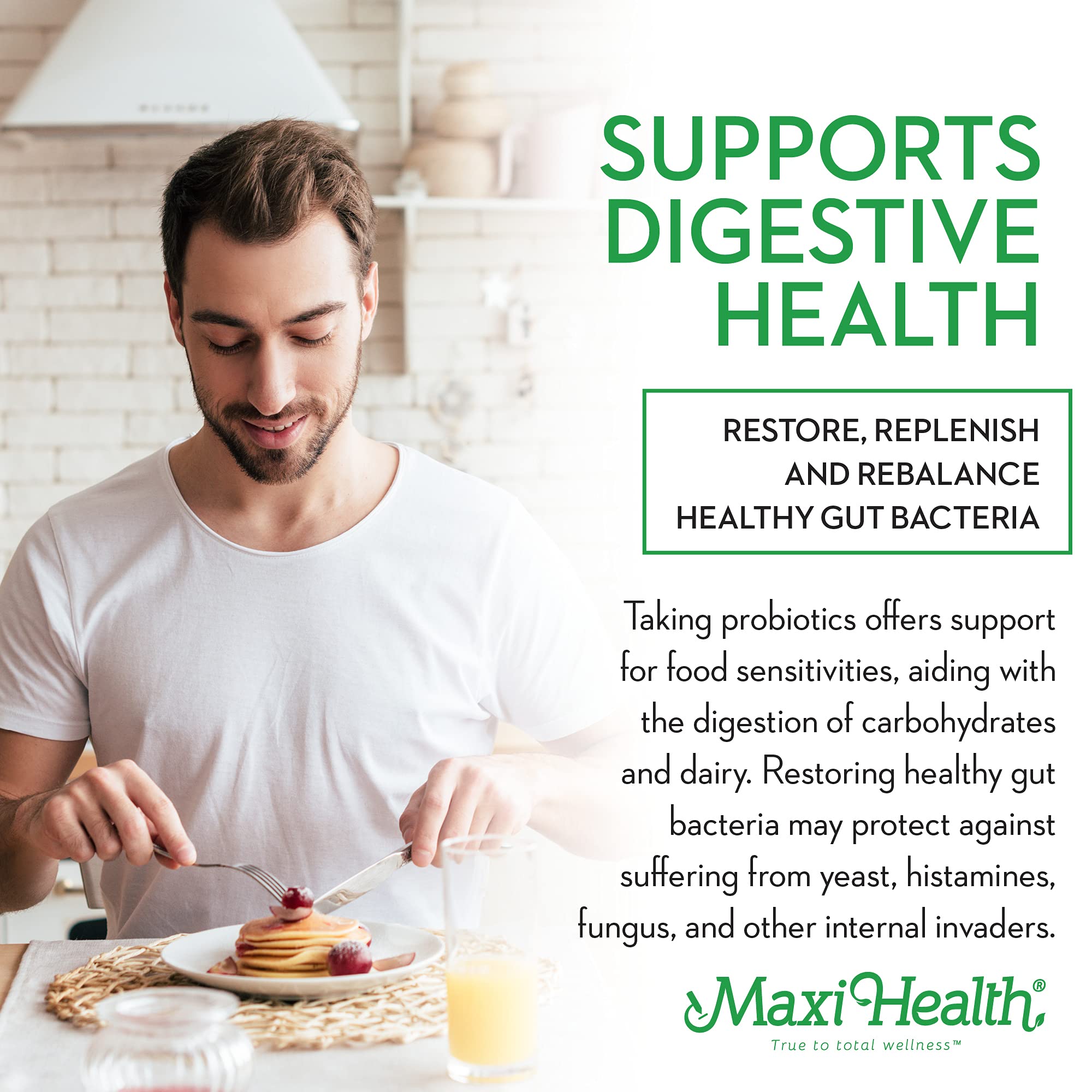 Maxi Health Probiotic Plus bottle on table conveys portability for travel routines