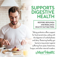 Maxi Health Probiotic Plus bottle on table conveys portability for travel routines