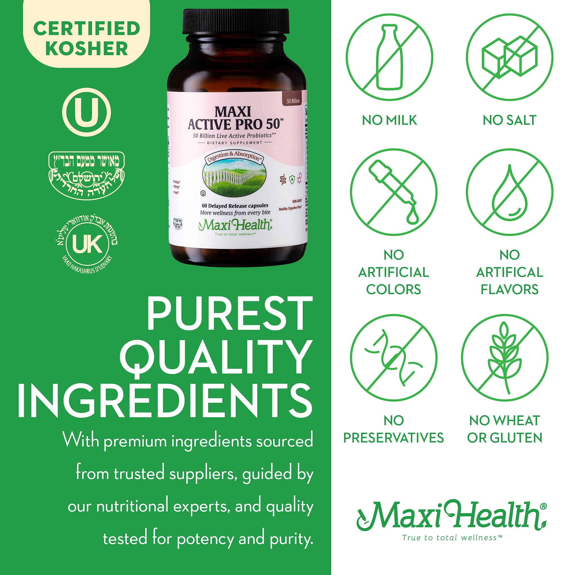 Maxi Health Probiotic Plus label close-up reveals 50B live strains for diverse gut support