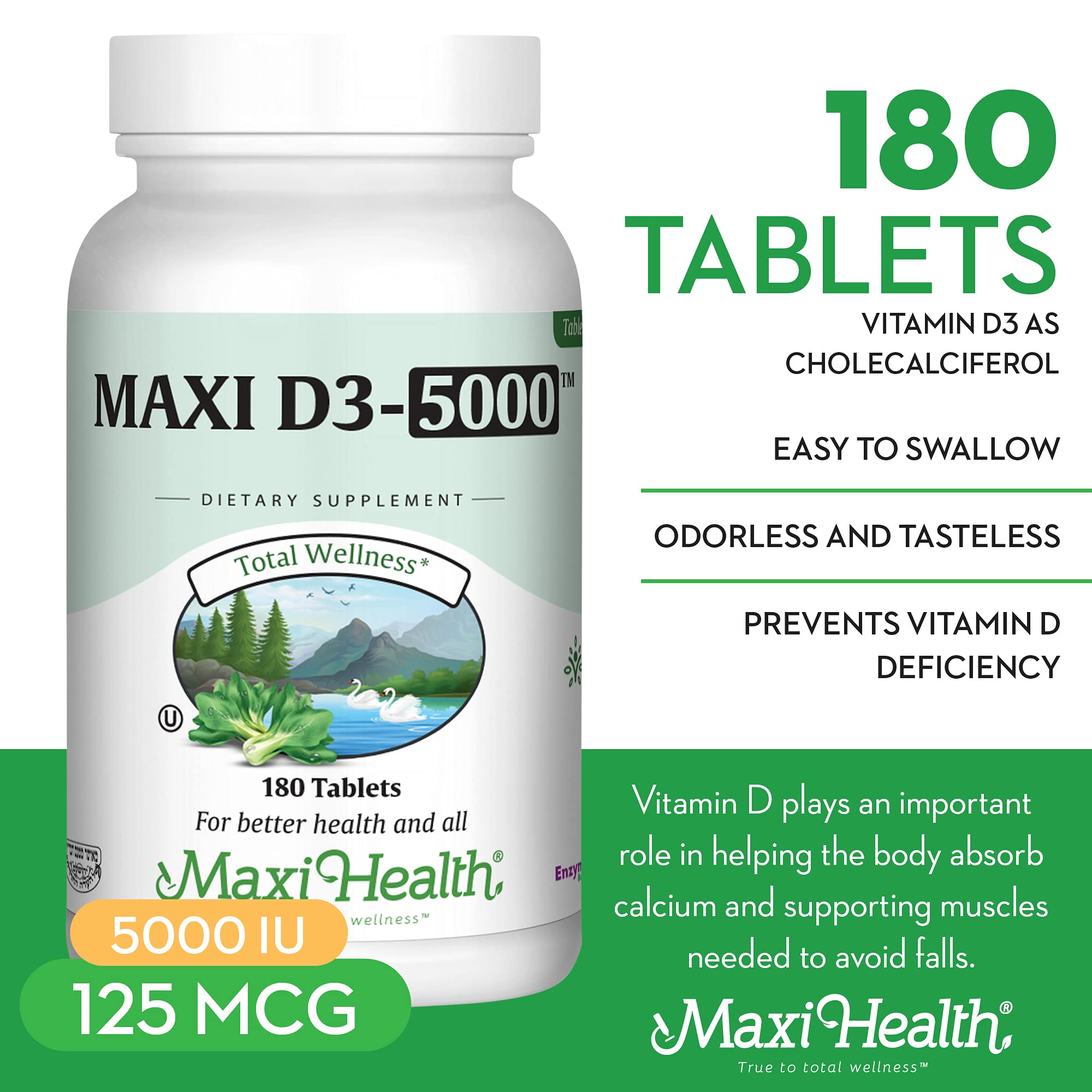 Front label of Maxi Health Vitamin D3 5000 IU bottle