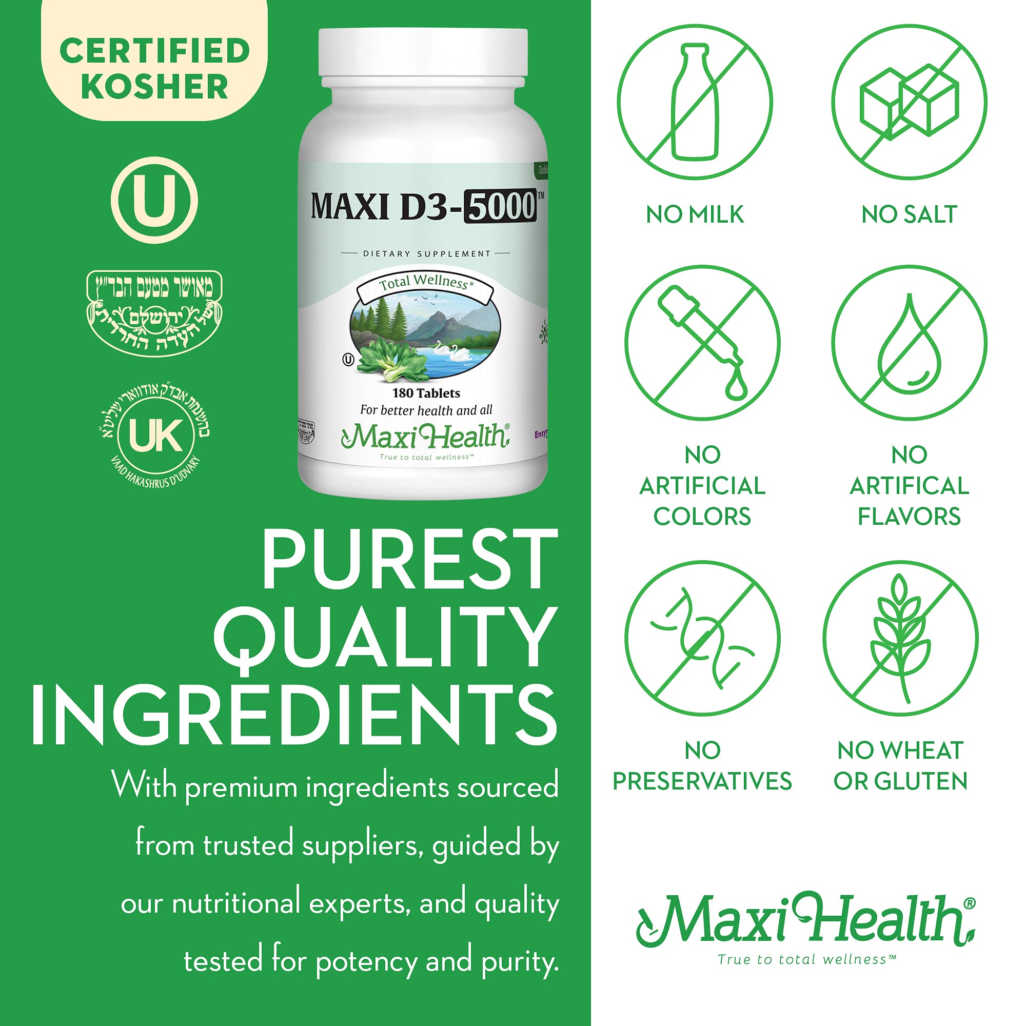 Kosher-certified Maxi Health Vitamin D3 supplement label