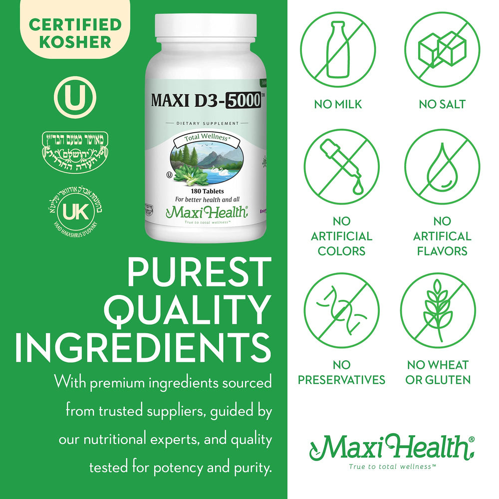 Kosher-certified Maxi Health Vitamin D3 supplement label