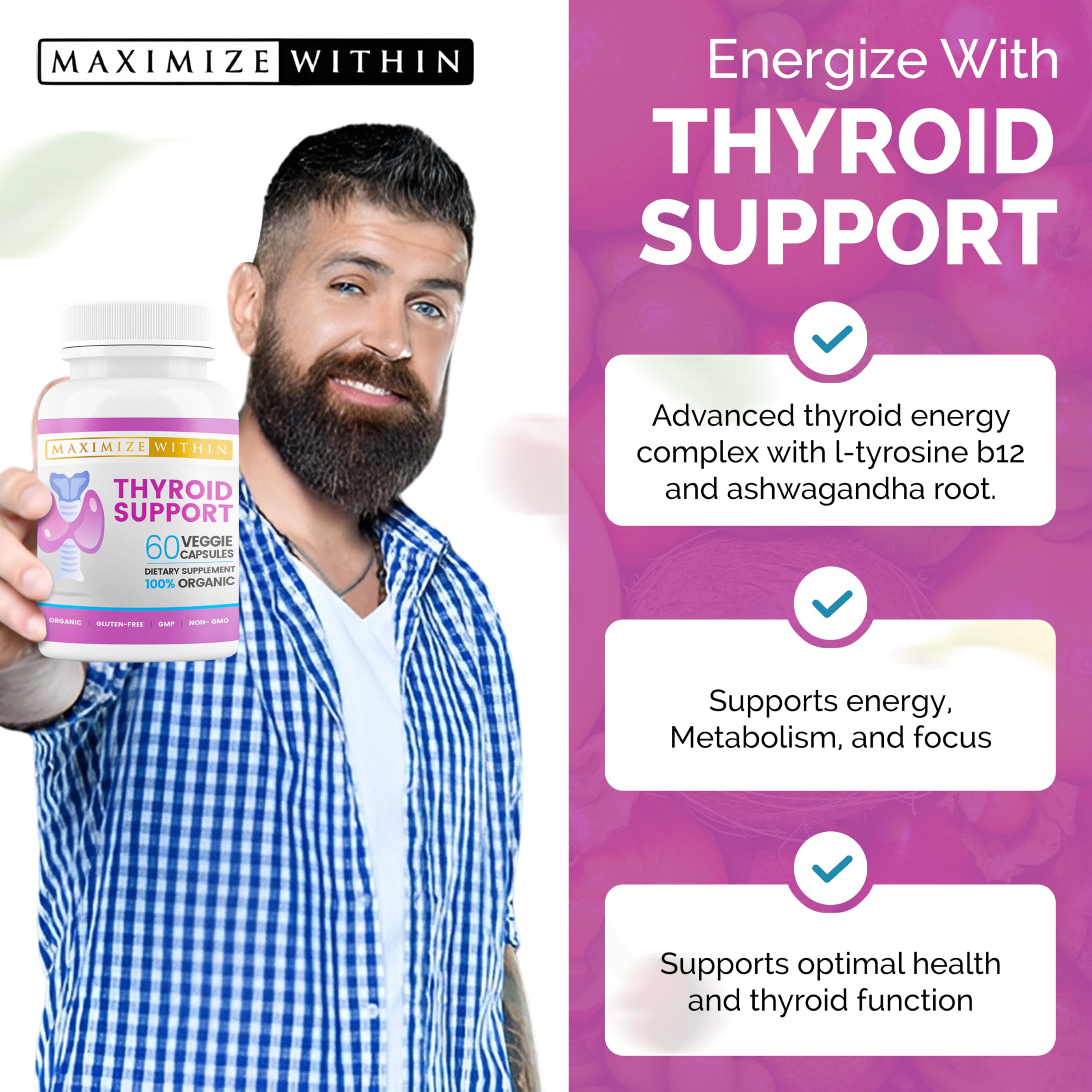 Bottle and supplement ingredients illustration for thyroid support