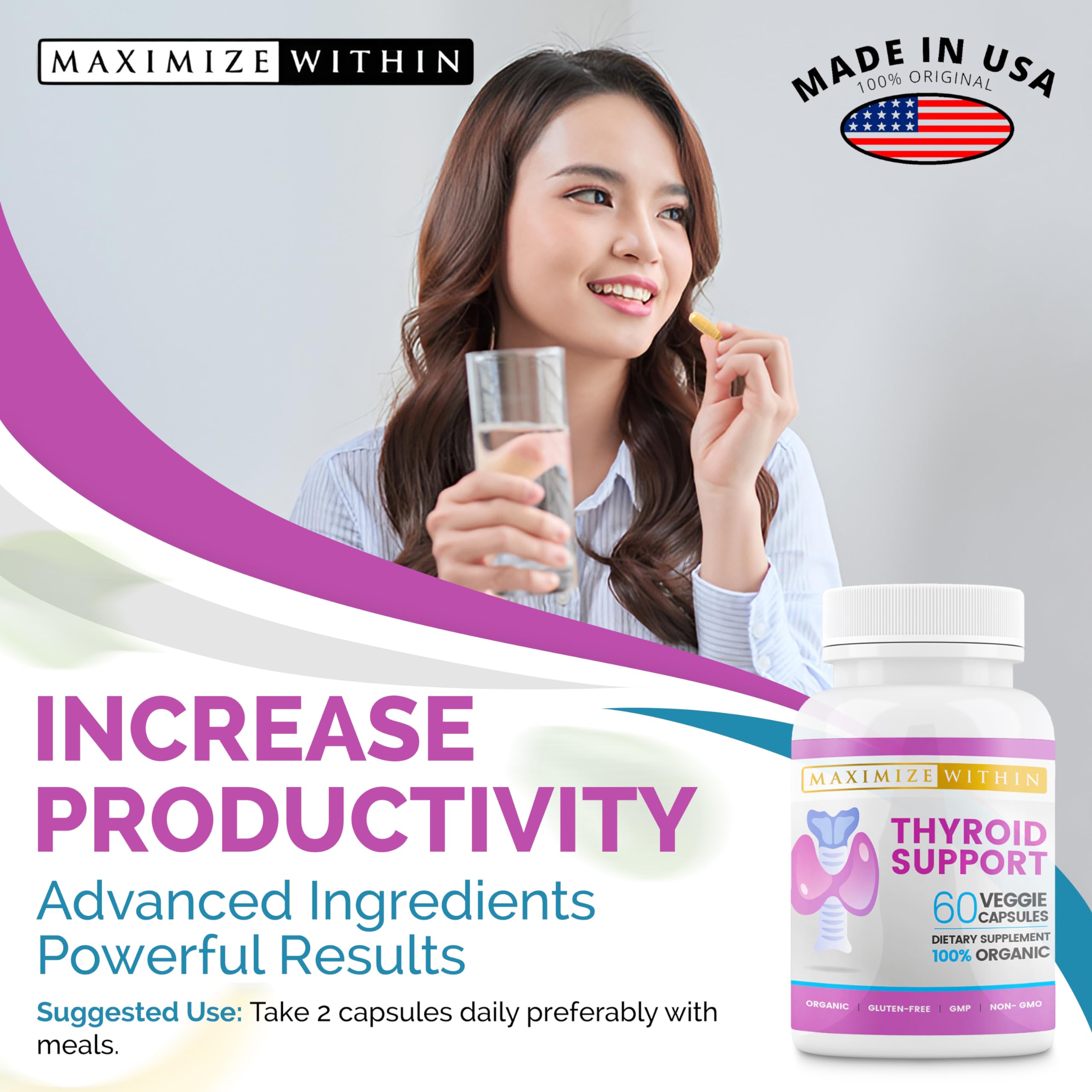 Vegetarian-friendly thyroid support vitamin bottles on white