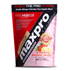 Max Muscle Maxpro Elite Whey Protein Powder Strawberry Banana 4lb – front label