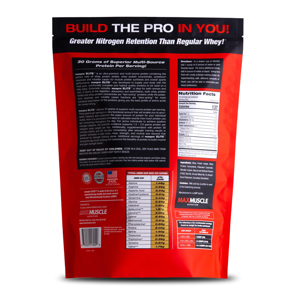 Scoop of Maxpro Elite powder with nutrition facts