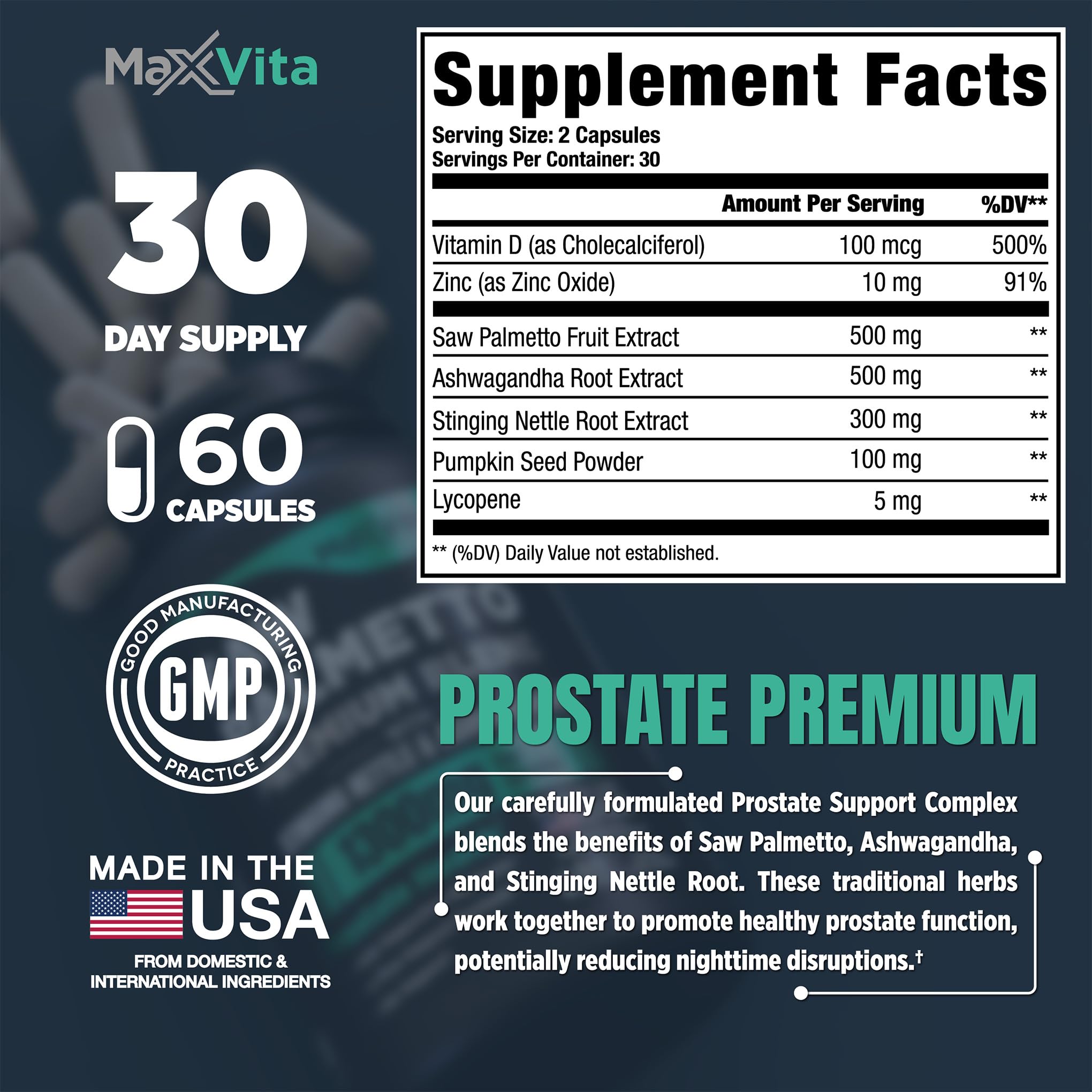 MaxVita Prostate Premium bottle highlighting USA-made manufacturing