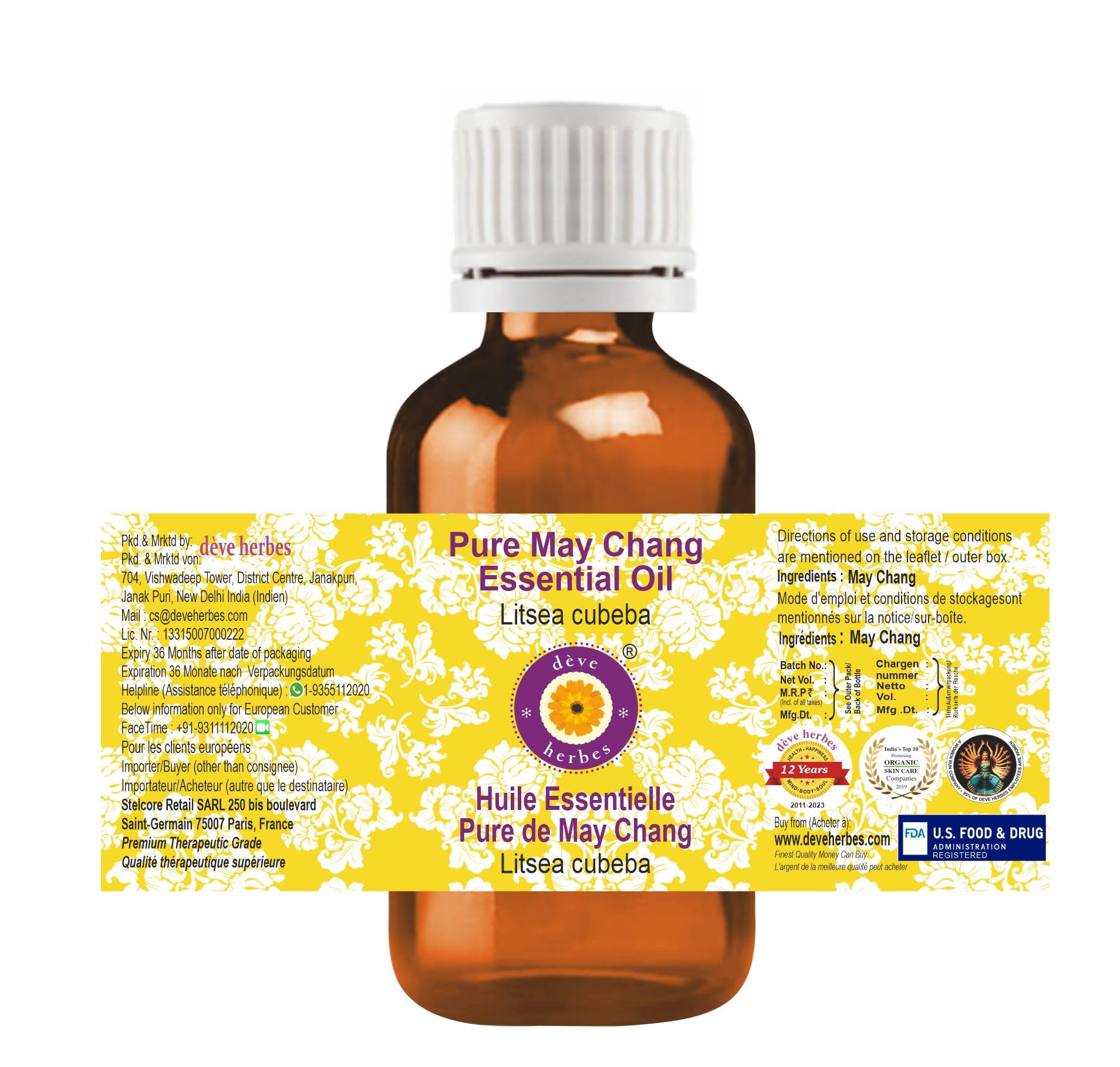 Close-up of Litsea cubeba May Chang essential oil in amber bottle