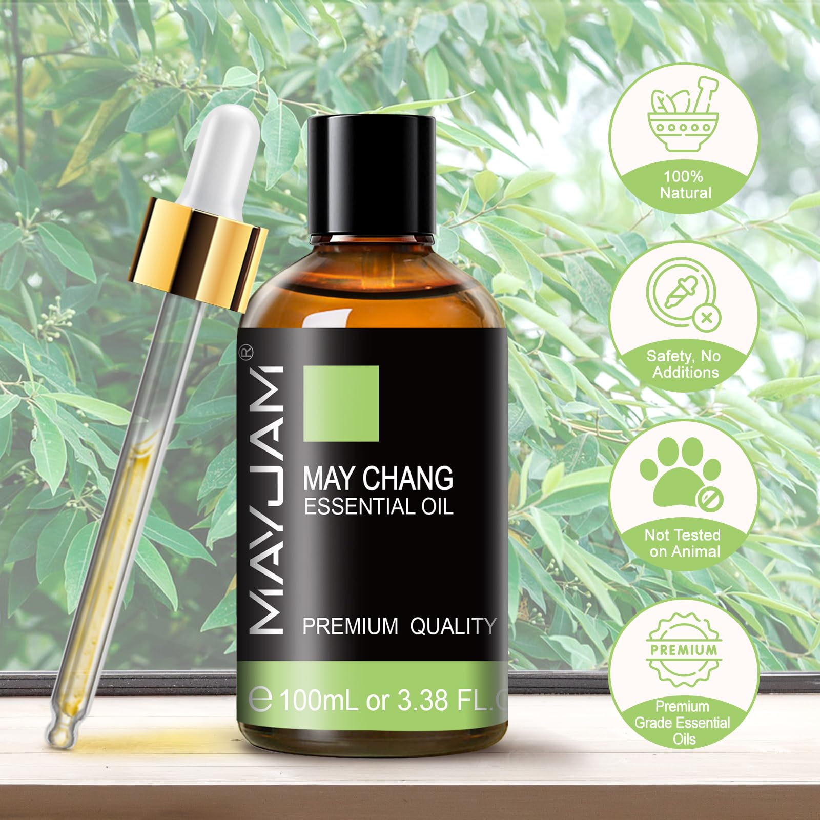 Glass dropper and bottle of May Chang oil