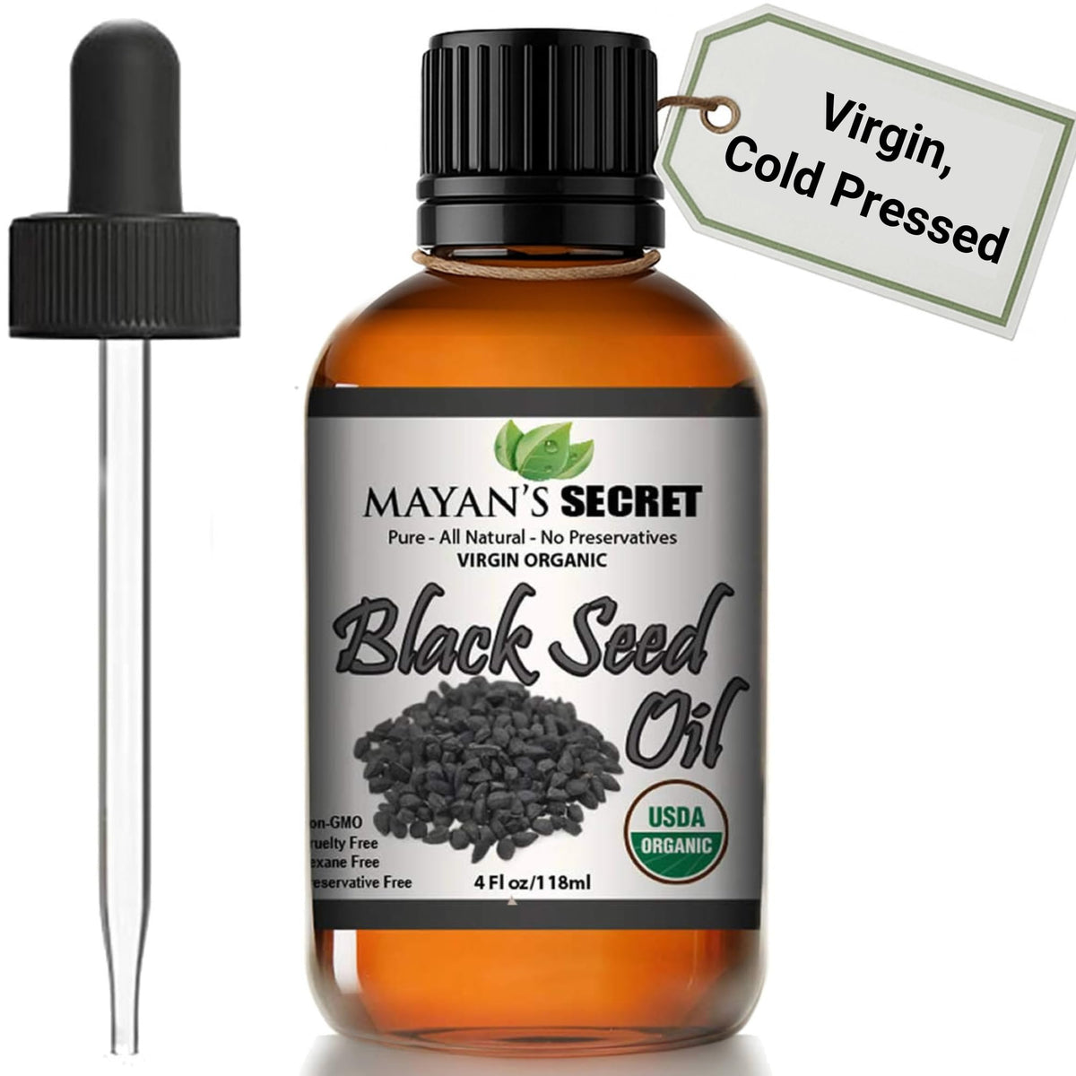 Mayan's Secret black cumin oil bottle close-up highlights premium skin nourishment.