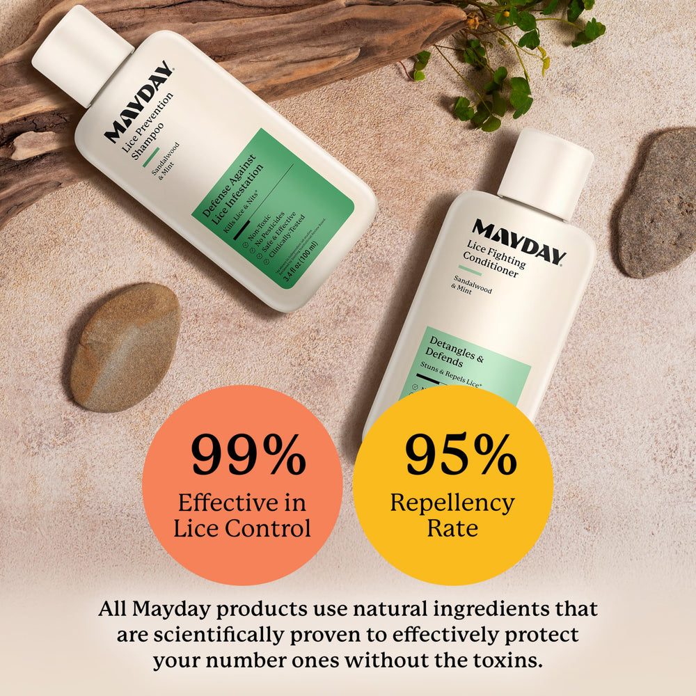 MAYDAY bundle front packaging conveys non-toxic, pesticide-free lice defense for families