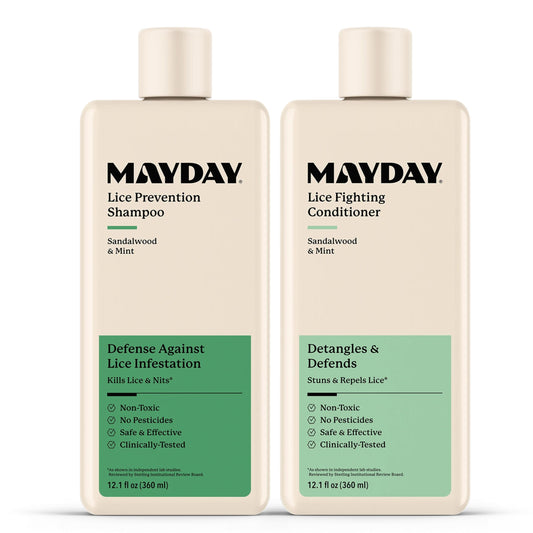 MAYDAY Daily Lice Routine Bundle shampoo bottle with sandalwood-mint formula offering gentle lice defense
